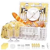 Neti Neti Wicker Picnic Basket for 4 with Insulated Cooler & Waterproof Blanket – Large Willow Picnic Hamper for Outdoor, Camping, Beach, Romantic Dates, Valentine’s Day