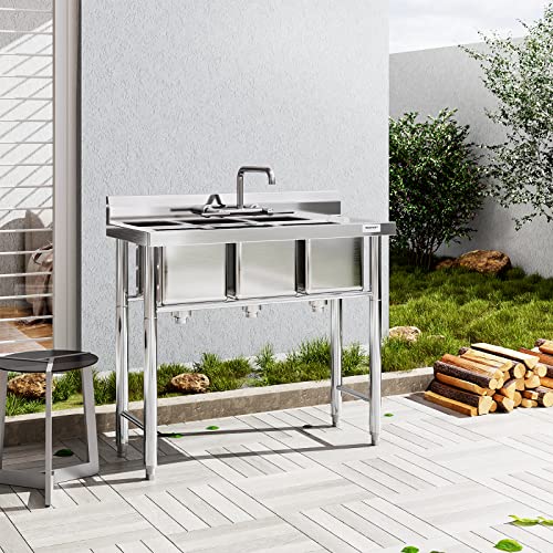 Riedhoff Stainless Steel Utility Sink With 3 Compartments, Commercial Kitchen Sink For Restaurant, Bar, Food Truck, Coffee Shop -Bowl 11" L X 10" W X 10" H #TOP6