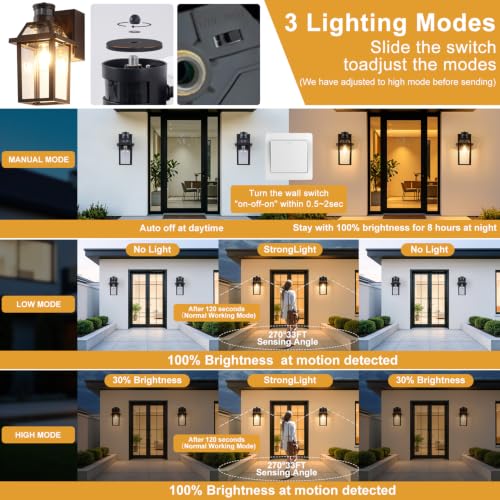 Image of Yisuro Porch Lights with GFCI Outlet, Dusk to Dawn Motion Sensor Outdoor Light, 3 Lighting Modes Exterior Fixture, Outside for House Front Door Patio Garage(2 Pack Brown)