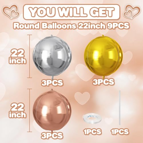 Image of 9 Pcs Silver Gold Rose Gold Round Foil Balloons,22 Inch Round Balloons | Silver Gold Rose Gold Giant 4D Round Ball Balloons For Wedding Graduation Anniversary New Year Disco Party Decorations