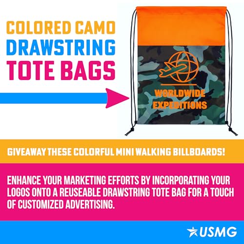 USMG 50 CT. One Color Print Custom Colored Camo Drawstring Backpack Tote Bags, Workout Bag String Bag For Promotional Gifts (Camo - Orange)3