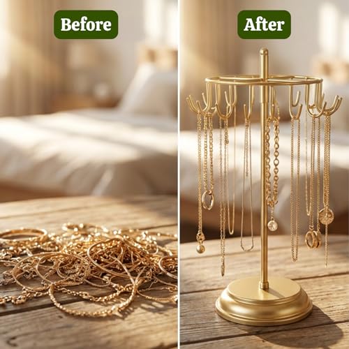 Image of ecofynd Metal Jewelry Organizer Stand with 20 Hooks, 360 Rotating 17-Inch Holder for Earrings, Necklaces, Bracelets & Rings, Space-Saving Display for Vanity, Dressing Table & Home (Gold, JS012)