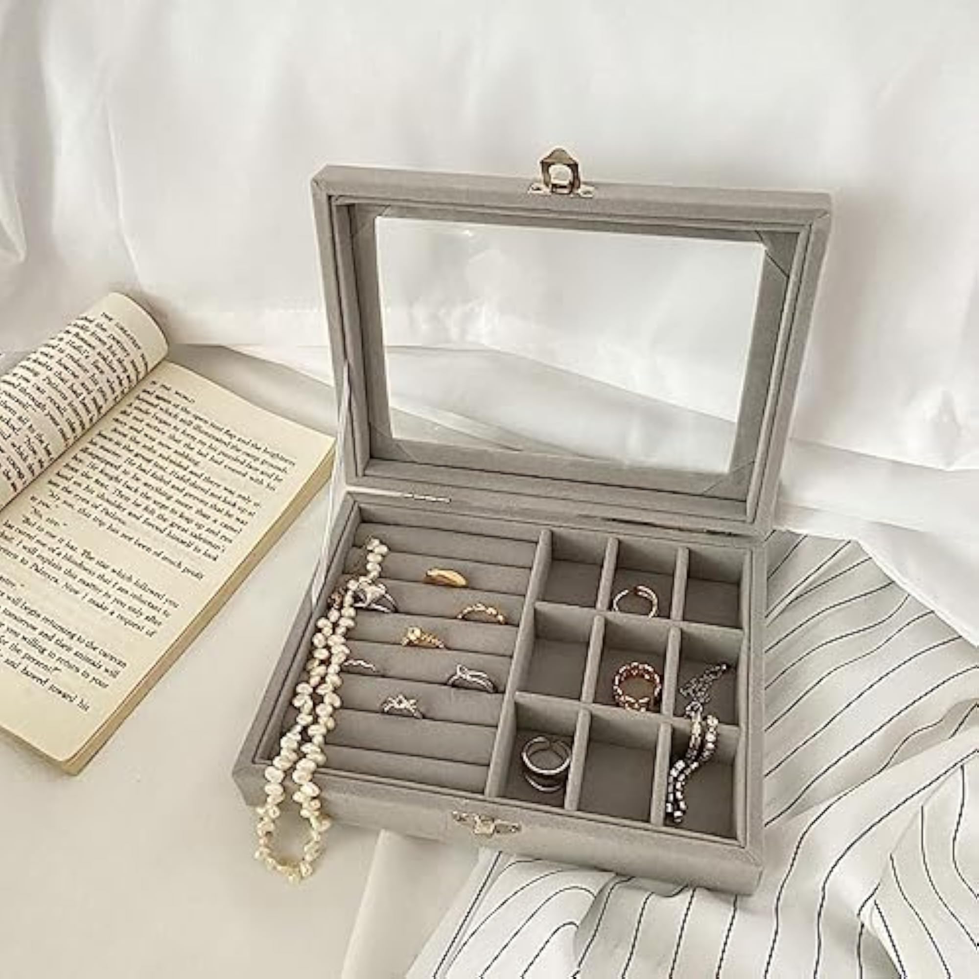 Velvet Jewelry Organizer Box with Clear Lid, Lockable