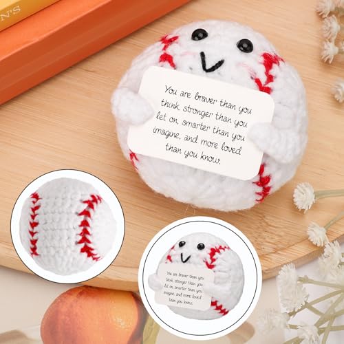 TOYMIS Positive Knitted Toy, Plush Cute Baseball Stuffed Baseball Doll, Funny Emotional Crochet Gifts, Knitted Ornaments Support Animals with Card for Friends Birthday Encouragement Decor