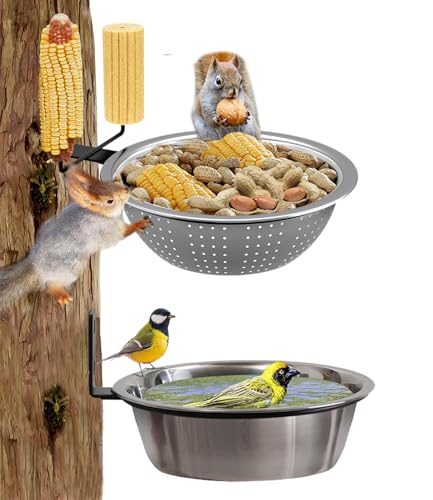 2 Pack 8.5' Squirrel and Bird Feeder for Outside Tree/Fence, Removable Metal Bowl Feeder with Drainage Holes, Adding 1 for Squirrel Watering or Bird Bath/Swim, Sturdy Easy Clean Feeders for Outdoor