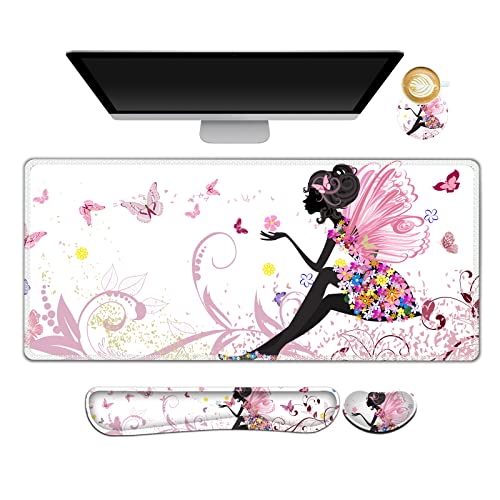 Image of ARTSO Extended Gaming Mouse Pad Set, Keyboard Wrist Rest Support Pad + Wrist Cushion + XXL Large Mouse Pad + Coaster, Stitched Edge, Non-Slip, Memory Foam Desk Mat, Pink Butterfly Girl
