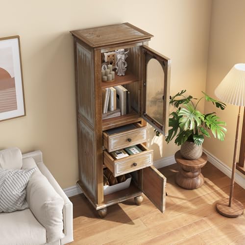 Image of LKTART 60 inch Tall Kitchen Pantry Storage Cabinet;WoodenGlass Display Cabinet | Solid Wood Frame;Farmhouse /French Country Narrow Corner Glass Display Cabinet;Narrow Storage Cabinet;Tall Accent Cabinet