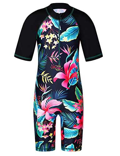 Tfjh E One Piece Short Sleeve Girls Bathing Suits Uv 50+ Kids Swimsuits Rash Guard Sunsuits Zip 234 Black Flower 14A #TOP25