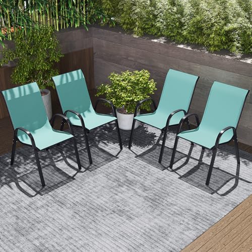 Image of Giantex Set of 4 Stackable Patio Chairs, All Weather Resistant, Breathable & Quick-Dry Fabric, 330 LBS Capacity, Outdoor Dining Chairs w /Armrests for Lawn Porch Yard Pool Garden (Turquoise Blue)