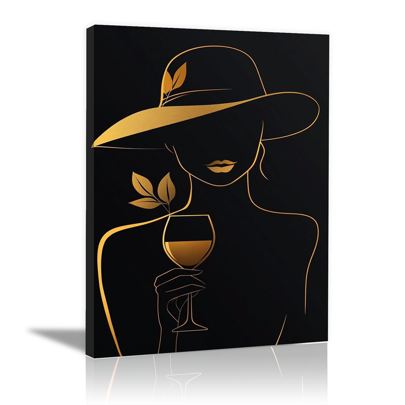 QUSAAOU Fashion Canvas Wall Woman Silhouette with Gold Hat Holding Wine Glass Living Room Bedroom African American Woman Wall Decor Art Wall For Home Afro Woman Poster And Prints -70x100cm Framed