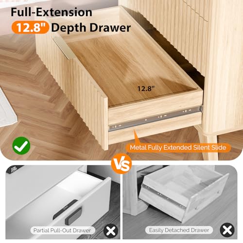 Image of VINGLI Fluted Wood Nightstand 3 Drawer, 31.5 inch W Mid Century Modern Nightstand Tall, Fluted Bedside Table, End Table, Night Stand for Bedroom, Oak, 31.5 inch W*15.96 inch D*29.72 inch H