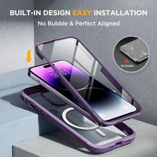 Image of Miracase Magnetic for iPhone 14 Pro Max Case 6.7 inch, (Compatible with MagSafe) Upgrade Full-Body Clear Phone Bumper Case with Built-in 9H Tempered Glass Screen Protector, Magnetic Purple