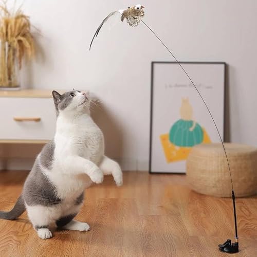 Brinquedo Interativo para Gatos, Varinha com Pássaro, Base com Ventosa, Altura Ajustável