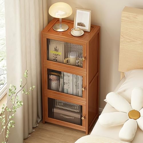Mesita De Noche MarróN, Mesas Auxiliares Delgadas For Dormitorio con Puertas De Gabinete De Vidrio Templado For Tazas De Café Y Libros