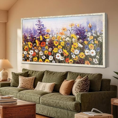 Ardemy Flower Wall Art Canvas Living Room Daisy Colorful Extra Large Framed Wall Decor Textured Painting Wildflower Picture Floral Artwork for Walls Bedroom Home Office, 58"x29" 58"L x 29"W 