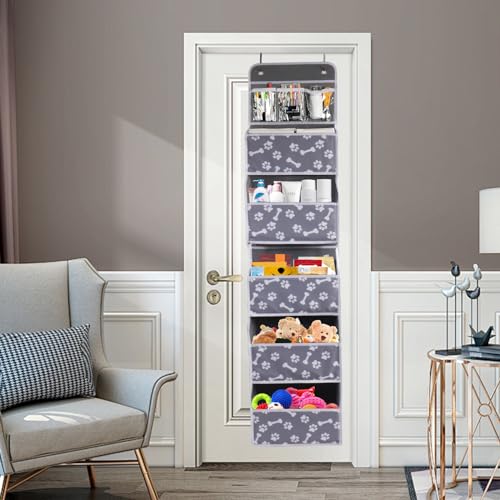 Dog Toy Basket - 5-Shelf Hanging Organizer with 2 Metal Hooks, 5 Pockets for Dog Leash, Harness, Toys & Treats - 62.5''(H) Bone Claw Print - Image 6