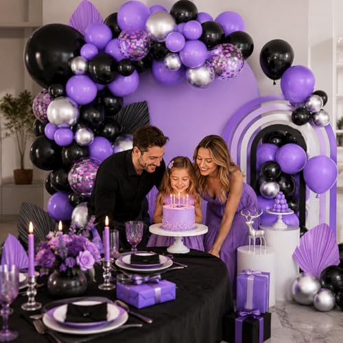 Image of Black Purple Balloons Arch Kit,BTZO Metallic Silver Purple Confetti Balloon for Birthday Wedding Bridal Shower Graduations Party Decorations