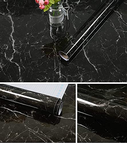 Image of FOKRIM Black Marble Self Adhesive Wall Stickers Oil-Proof Waterproof Peel & Stick Contact Wallpaper for Kitchen Living Room Office Table Home Decor Furniture Workshop (205.5CM X 60.5CM) (Black)