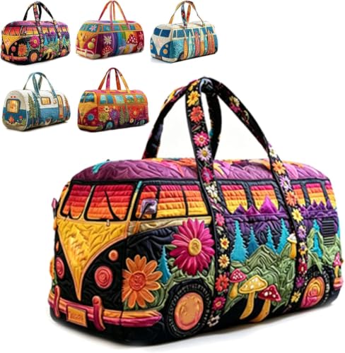 Unisex Boho Quilted Weekender Bag - Large Hippie Van Quilted Duffle Bag - Lightweight Hippie Carry-on Luggage for Gym Yoga Weekend Trips ((A 18x9x9)