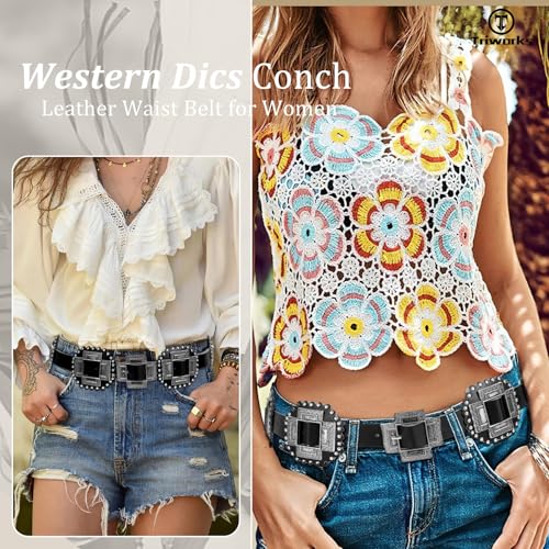 Women Western Concho Leather Belt Cowgirl Boho Belt Chunky for Dresses Concert Festival,Black,Fit Waist 23"-25"2