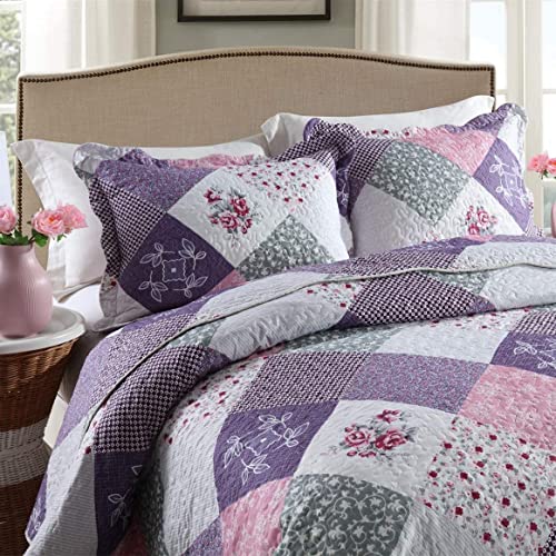Qucover King Quilt Bedding Set 3-Piece Super Soft Microfiber Reversible Purple Quilt King Size, Lavender Little Rose Purple Quilt Bedspreads With 2 Pillowcase, 98X106 Inch #TOP1
