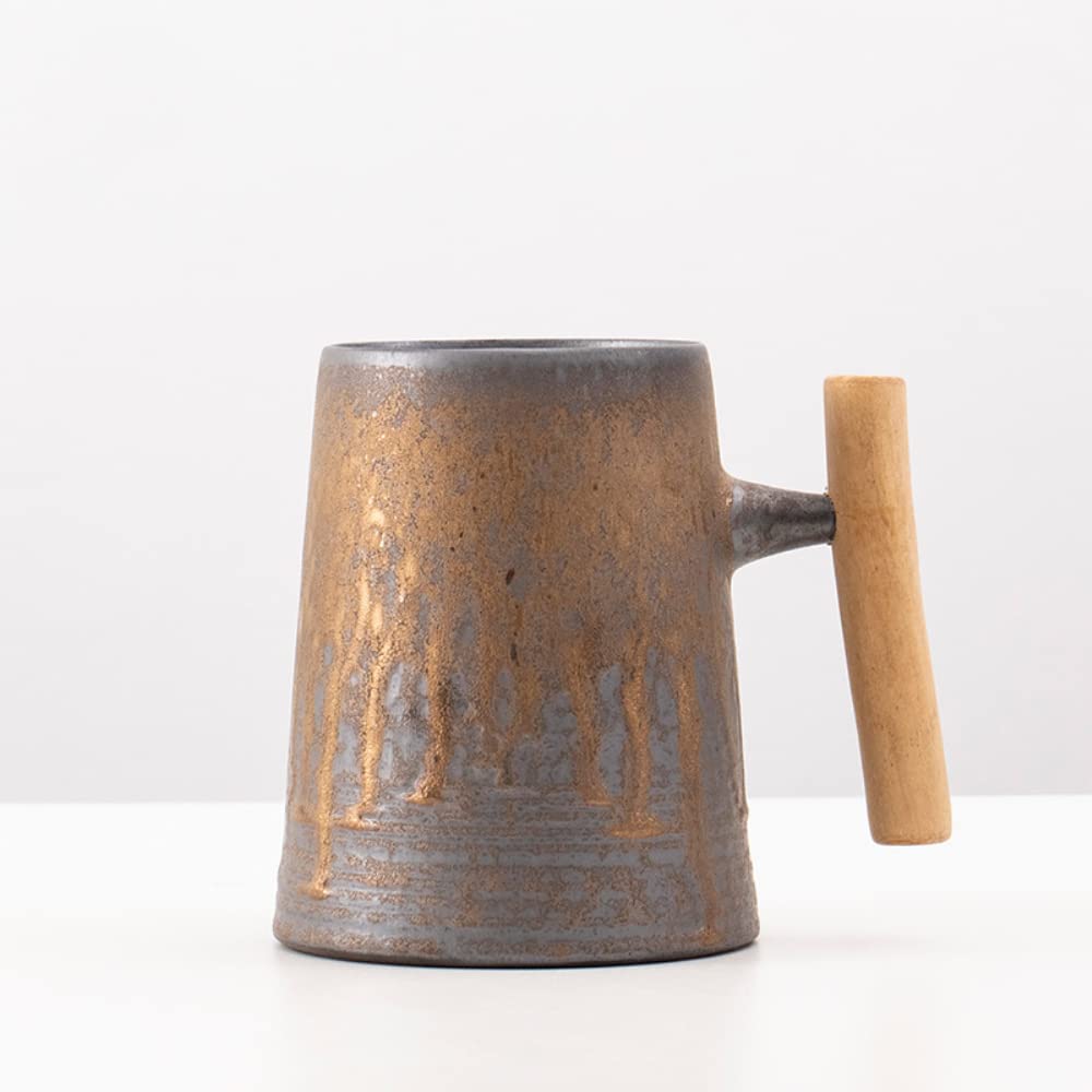 Taza de café vintage japonesa de gran capacidad con mango de madera retro tazas de cerámica 600 ml (gris B)