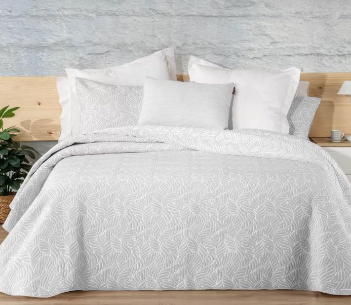Manterol Colcha Jacquard Reversible, Set Maltes 906 con Hojas (Gris 12, Cama 150)