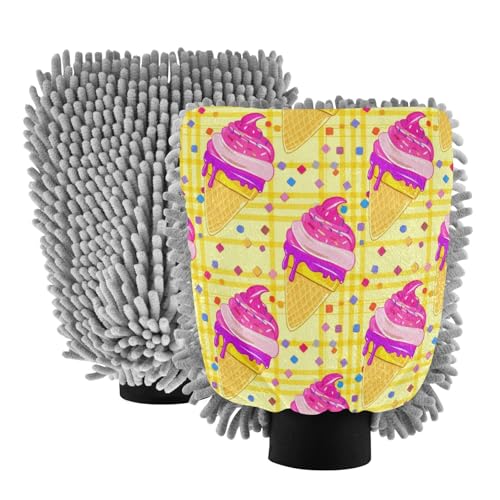 Kigai Cute Ice Cream Car Wash Mitt Microfiber, 2Pcs Scratch Free Lint-Free, Premium Chenille Microfiber Mitt Car Wash Brush-M