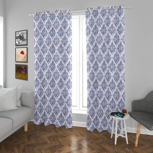 Image of HOMEMONDE 9 Feet Long Cotton Curtains Ikkat Printed Home Decoration Drapes for Bedroom, Blue Ikkat, Pack of 2, Grommets