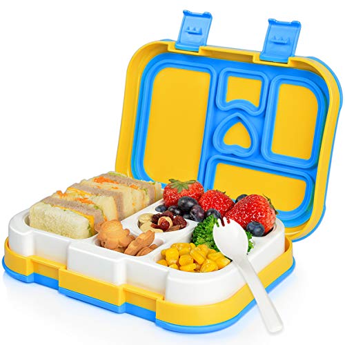 Acokki Fiambrera Bento para Infantil, Lunchbox con 5 Compartimentos Caja de Almuerzo con Cuchara para Niños Chicos Chicas Colegio Excursion Picnics (Amarillo)