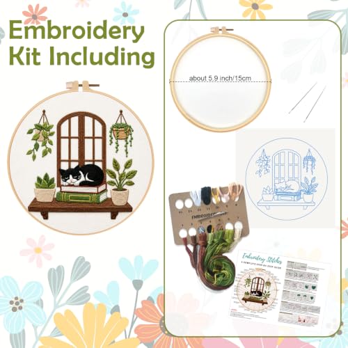 Image of Nuberlic Embroidery Kit for Beginners Stamped Black Cat | Includes Printed Fabric, Hoop, Threads, Needles And Guide Needlework Kit DIY Wall Decor, Gifts And Relaxing Art