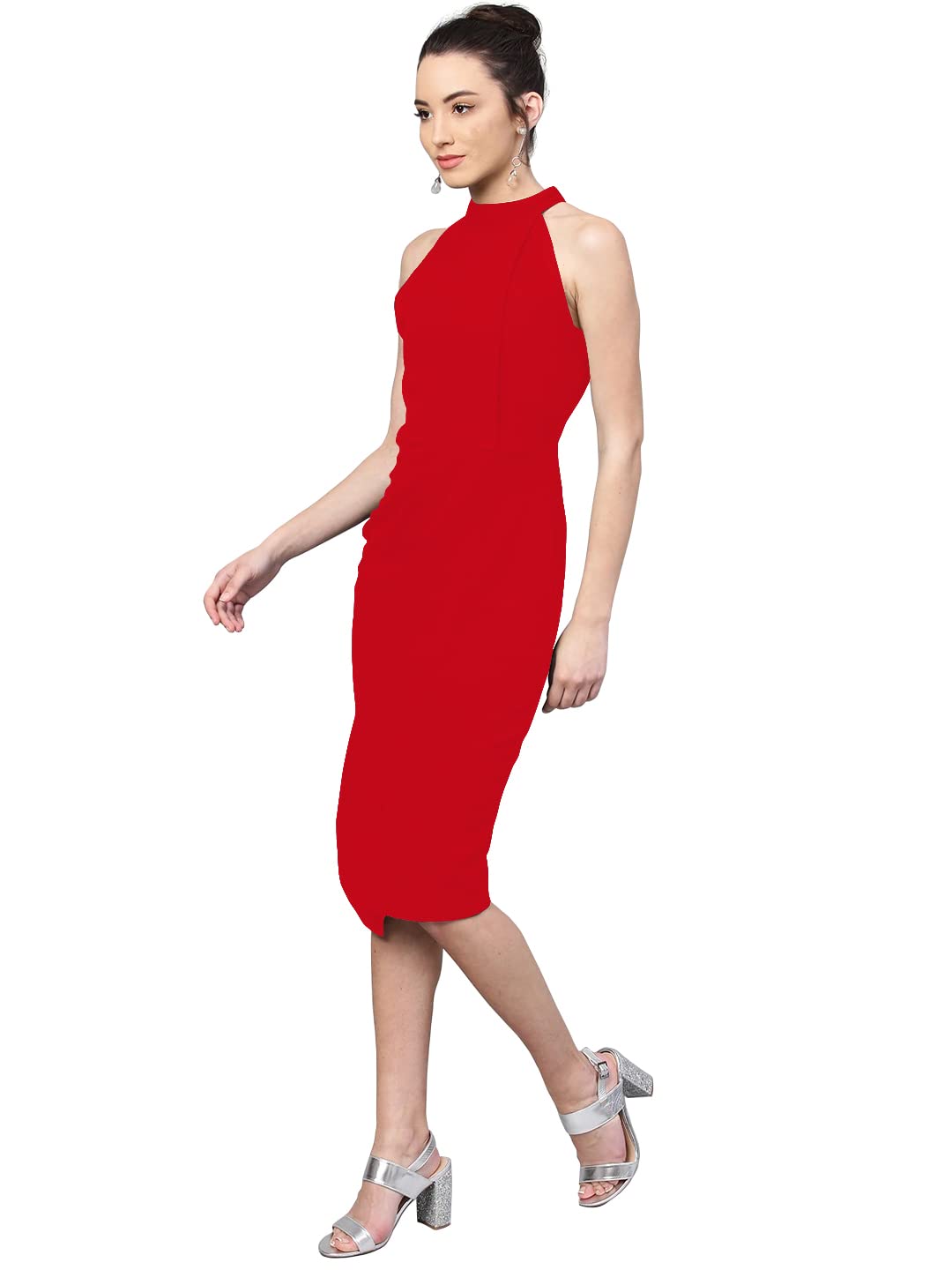 Shasmi Polyester Blend Bodycon Knee-Length Women's Elegant Halter Neck Pleated Flounce Sleeveless Midi Dress (Dresses For Tops_Red_L)