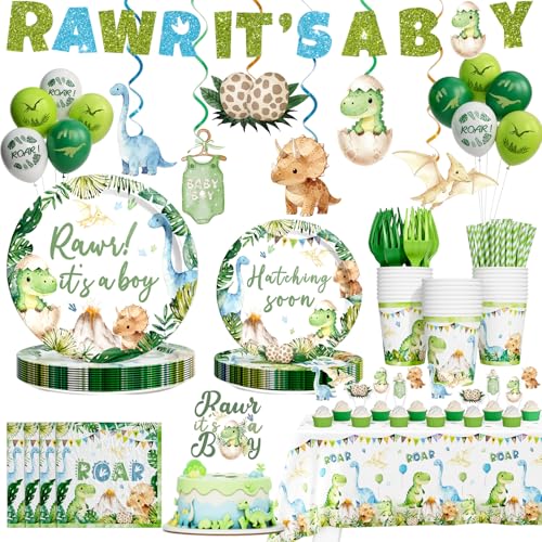 Hombae Dinosaur Baby Shower Decorations Boy Hatching Soon Baby Shower Party Supplies with Rawr Its a Boy Tableware Plates Napkins Hanging Swirls for Boys Dino Theme Party Serves 24