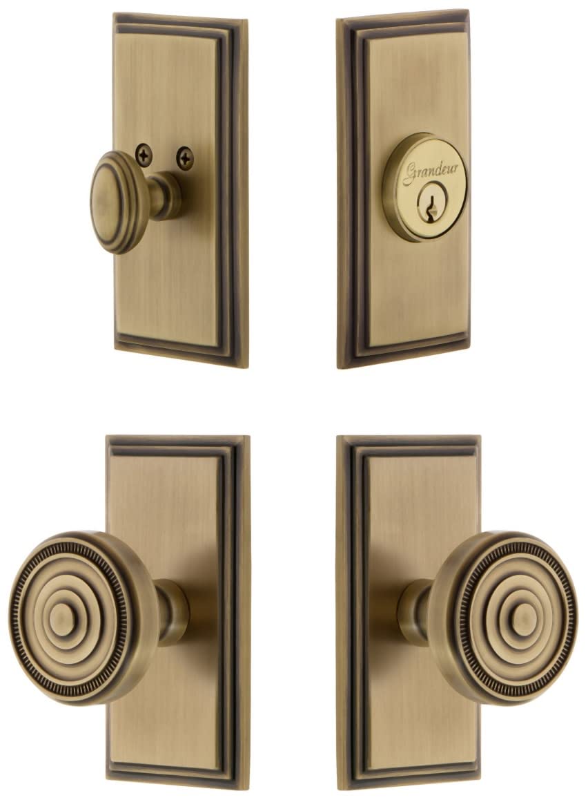 Grandeur CARSOL_SP_ESET_238 Carre Solid Brass Single Cylinder Keyed Entry Knobset and Deadbolt Combo Pack with Soleil Knob and 2-3/8" Backset - Vintage Brass