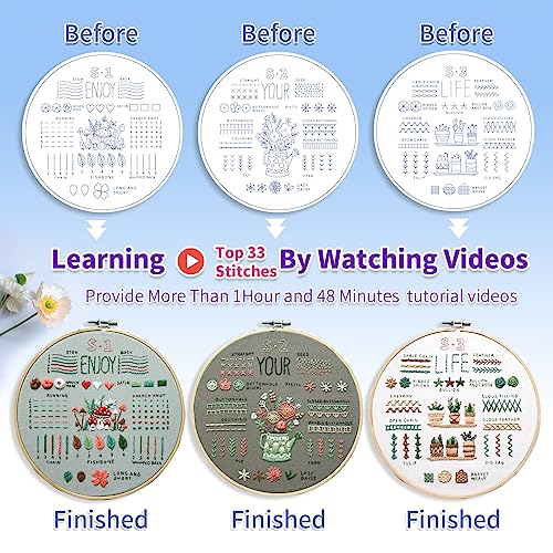 Image of ETSPIL Embroidery Kit for Beginners & Adult, 3-Pack 33-Stitch Floral Samplers, Pre-Stamped Designs, 7.8-Inch Hoop, Threads, Needles, Storage Bag, Guide & Video, DIY Craft Gift for Women