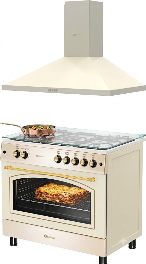 SOLTHERMIC COMBO PACK CREMA COCINA PANORAMICA Y CAMPANA EXTRACTORA PIRAMIDAL (90 CM) / HORNO GRAN CAPACIDAD / 5 QUEMADORES ""ALTA GAMA""