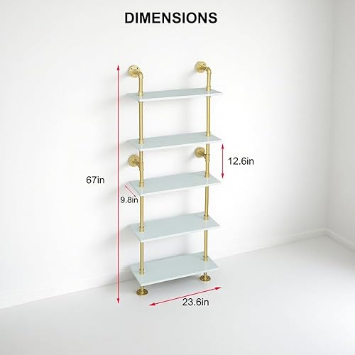 Miniatura 3 de Estantería dorada moderna de 5 estantes, estantería blanca para montaje en pared, estante de escalera con marco de metal, estantes de exhibición