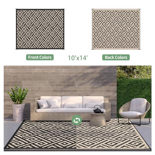 Image of GENIMO Outdoor Rug, Waterproof Plastic Rugs 10'x14' for Camping Black Beige | Outside Larger Modern Carpet Mat for Patio Decor, RV, Porch, Camper, Deck, Picnic, Beach, Backyard, Reversible, Foldable