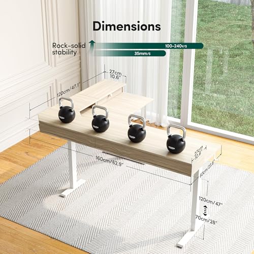 Image of FEZIBO L-Shaped Electric Standing Desk, 63 x 48 Inches Large Height Adjustable, Reversible Tabletop, Corner Desk with Drawers, Ergonomic Computer Table, Light Walnut Top