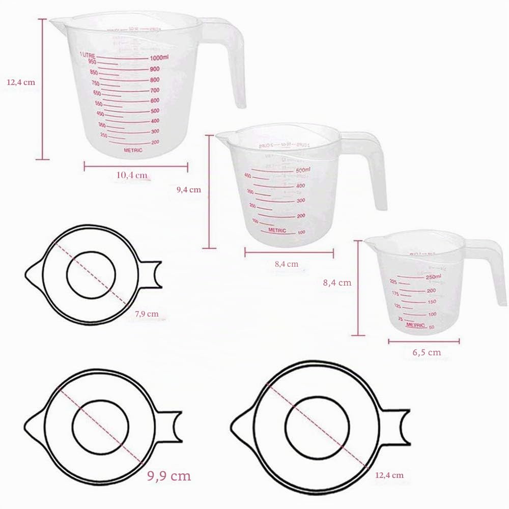 3 PZ Jarra Medidora,Vaso Medidor de Plástico Transparente1000ml 500ml 250ml,Resistencia a Caídas, Resistencia a Altas Temperaturas, Báscula Precisa, Adcuada para el Hogar y la Panadería