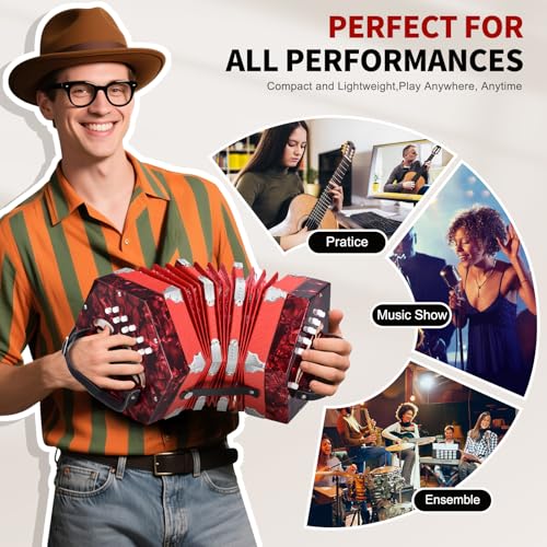 RIVVTA Concertinas, 20 Key Professional Accordion, Musical Instruments Accessories With Carrying Bag, Red