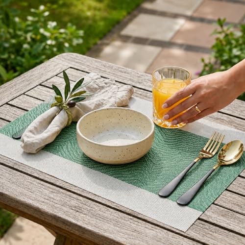 Image of YELONA Placemats Set of 6, Heat-Resistant Woven Vinyl Table Mats, Non-Slip & Washable Dining Tablemats for Kitchen & Dinner Decor, Jade Green (45cm x 30cm)