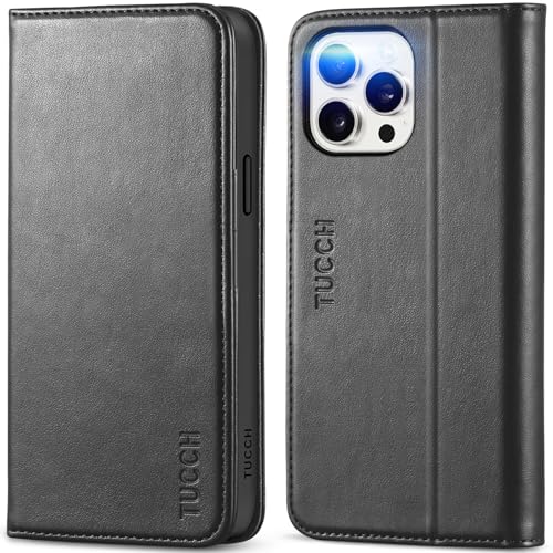 TUCCH Case for iPhone 15 Pro Max (6.7") 2023, Protective Foldable PU Leather Wallet Case with[RFID Blocking][Card Slots][Shockproof TPU]Kickstand, Folio Cover Compatible with iPhone 15 Pro Max, Black
