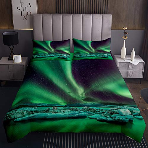 Set di Trapunta Nautico con Luce Settentrionale, copriletto Trapuntato e Ragazze Galassia Coperta Cielo Stellato Aurora Verde Letto Camera 2 Pezzi Singolo Formato