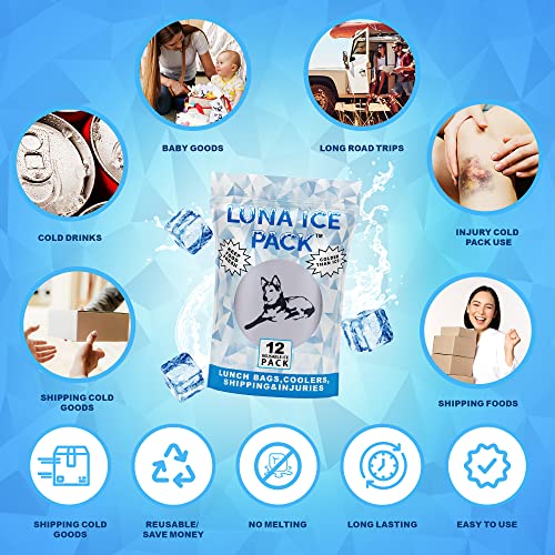 Luna Ice Gel Ice Packs - Dry Ice For Lunch Bags & Injuries - Reusable & Long-Lasting Cold Packs For Coolers, Ice Bag For Shipping Frozen Food - (12 Pack) #TOP1