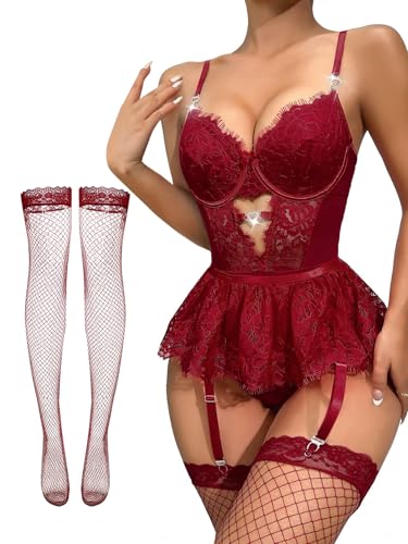 Lilosy Sexy Stocking Rhinestones Heart Garter Underwire Floral Mesh lace Sheer Babydoll Lingerie Teddy Bodysuit Skirt Set Women 2 3 Piece Push Up See Through Burgundy Red Medium