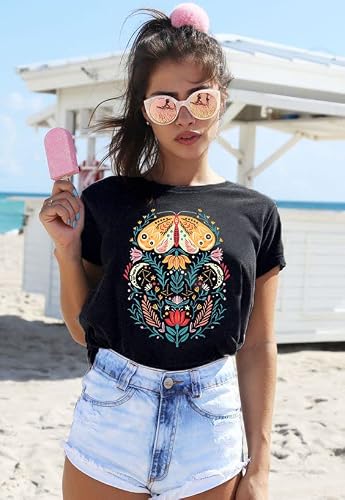 Women Vintage Boho Shirt Moon Moth Flower Tops Butterfly Floral Graphic Tees Casual Short Sleeve Summer Holiday T Shirts #TOP2