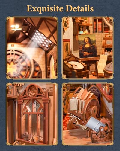 Image of Tonecheer DIY Book Nook Kit for Adults, 3D Puzzle Wooden Miniature House Kit, Booknook Dollhouse Bookshelf Insert Decor Bookend with Dust Cover and LED Lights Gifts (Leonardo da Vinci)