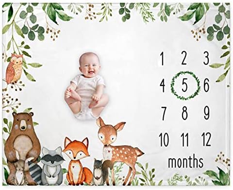 RICEFINE Woodland Baby Monthly Milestone Blanket, Woodland Animals Baby Growth Chart Monthly Blanket, Watch Me Grow Baby Woodland Forest Nursery for New Moms Baby Shower (50"x40")
