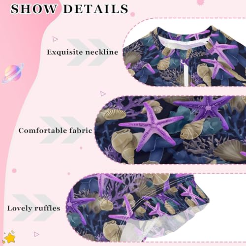 ALAZA Cute Coral Starfish Seashell Girls One Piece Swimsuit Long Sleeve Rash Guard Swimsuits UV 50+ Swimwear Zipper4